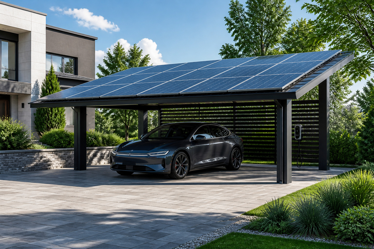 Abri moderne avec panneaux solaires et voiture electrique