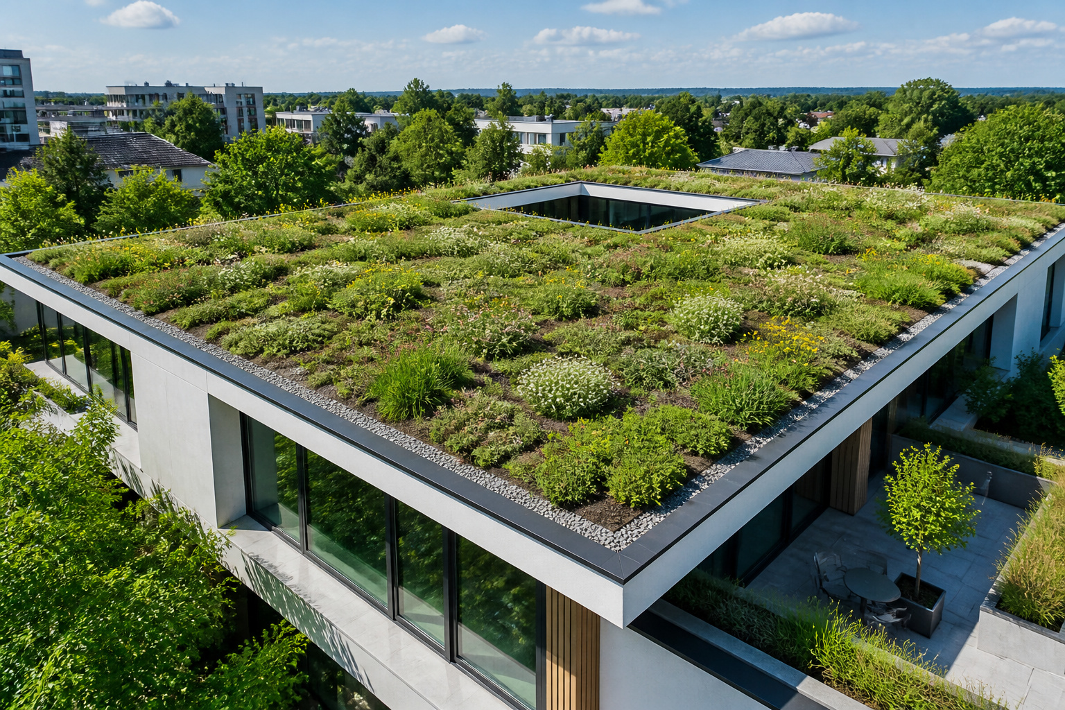 Batiment moderne avec toiture vegetalisee luxuriante